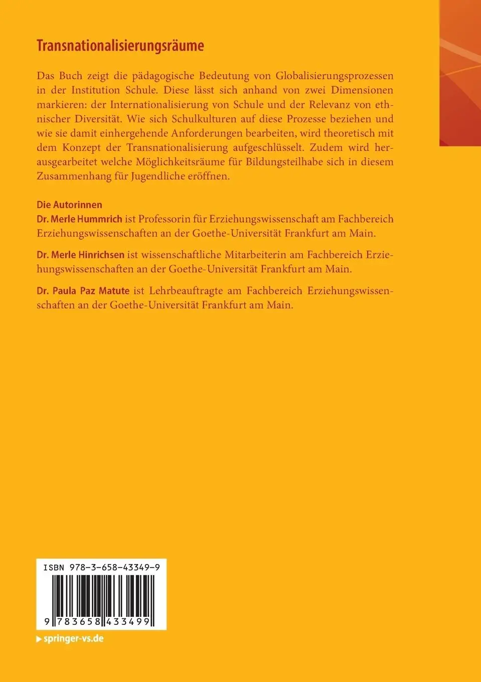 Rückseite: 9783658433499 | Transnationalisierungsräume | Merle Hummrich (u. a.) | Taschenbuch