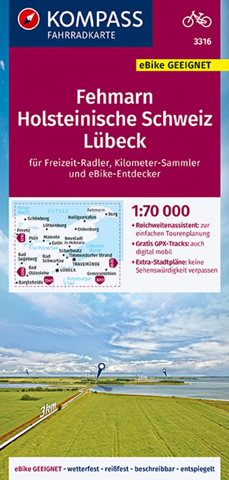 Cover: 9783991213499 | KOMPASS Fahrradkarte 3316 Fehmarn, Holsteinische Schweiz, Lübeck...