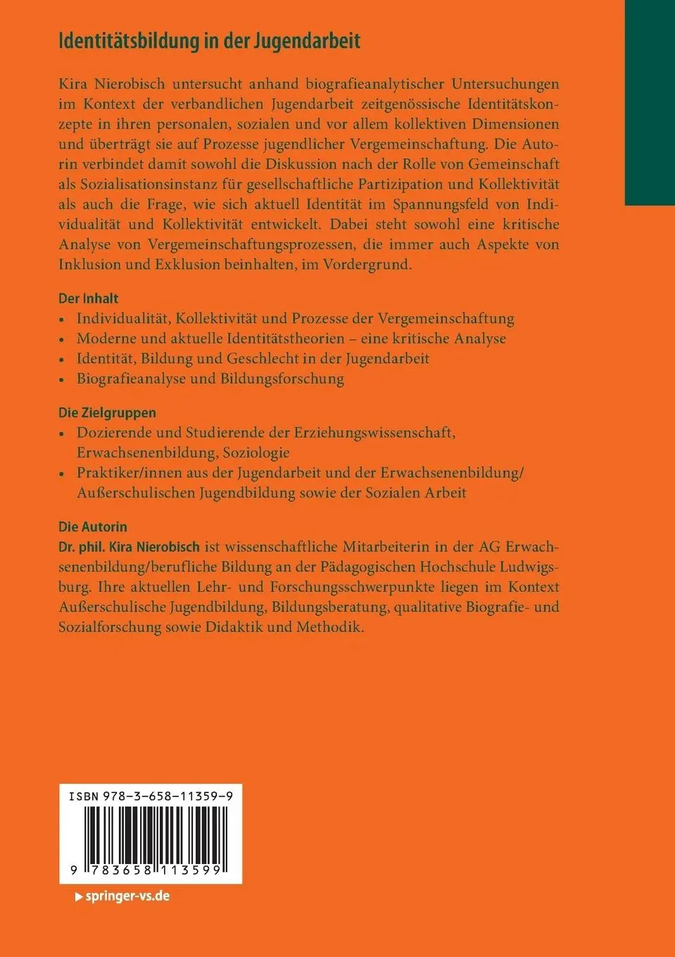 Rückseite: 9783658113599 | Identitätsbildung in der Jugendarbeit | Kira Nierobisch | Taschenbuch