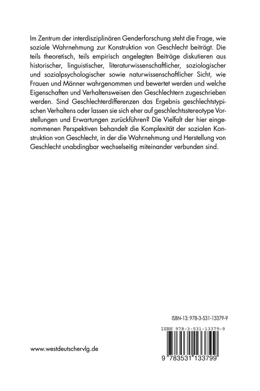 Rückseite: 9783531133799 | Wahrnehmung und Herstellung von Geschlecht | Friederike Braun (u. a.)