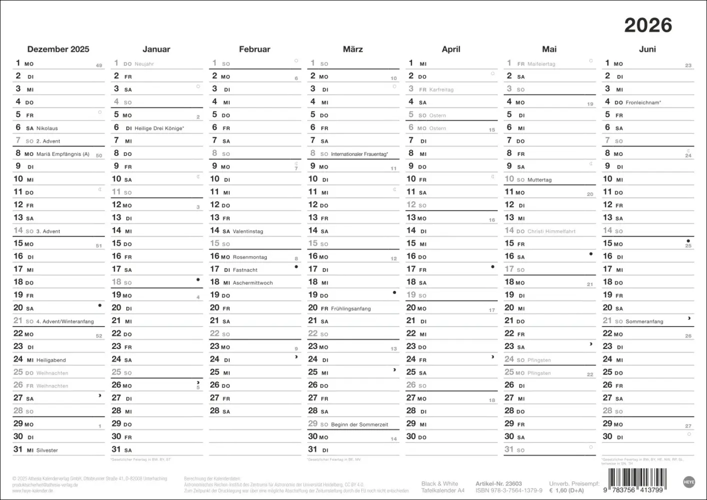 Cover: 9783756413799 | Black&amp;White Tafelkalender A4 2026 | Kalender | Loseblatt-Ausgabe
