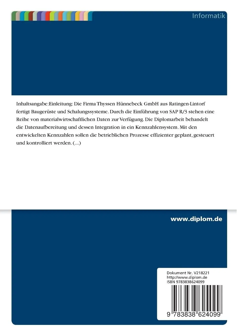 Rückseite: 9783838624099 | Entwicklung eines Kennzahlensystems für die Materialwirtschaft...