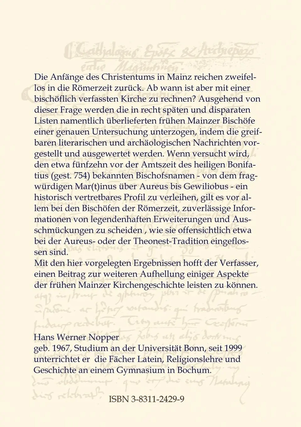 Rückseite: 9783831124299 | Die vorbonifatianischen Mainzer Bischöfe | Hans Werner Nopper | Buch