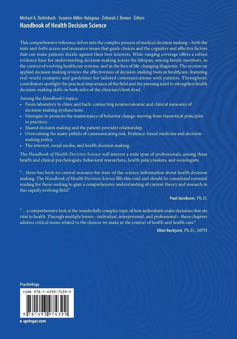Rückseite: 9781493974399 | Handbook of Health Decision Science | Michael A. Diefenbach (u. a.)