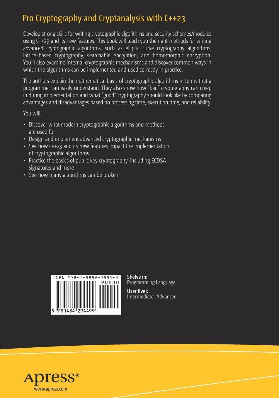 Rückseite: 9781484294499 | Pro Cryptography and Cryptanalysis with C++23 | Nita (u. a.) | Buch