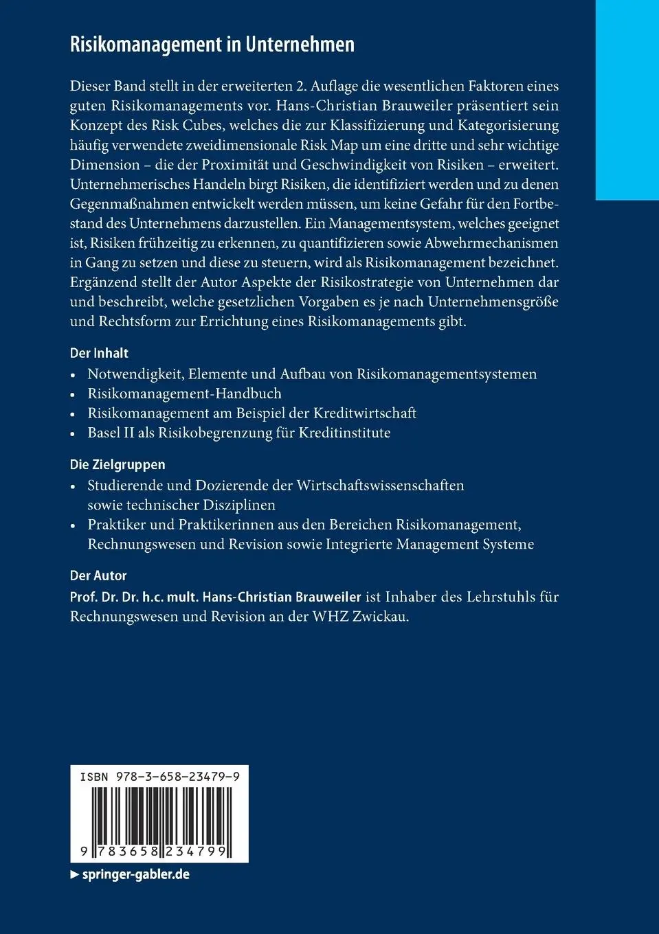 Rückseite: 9783658234799 | Risikomanagement in Unternehmen | Hans-Christian Brauweiler | Buch