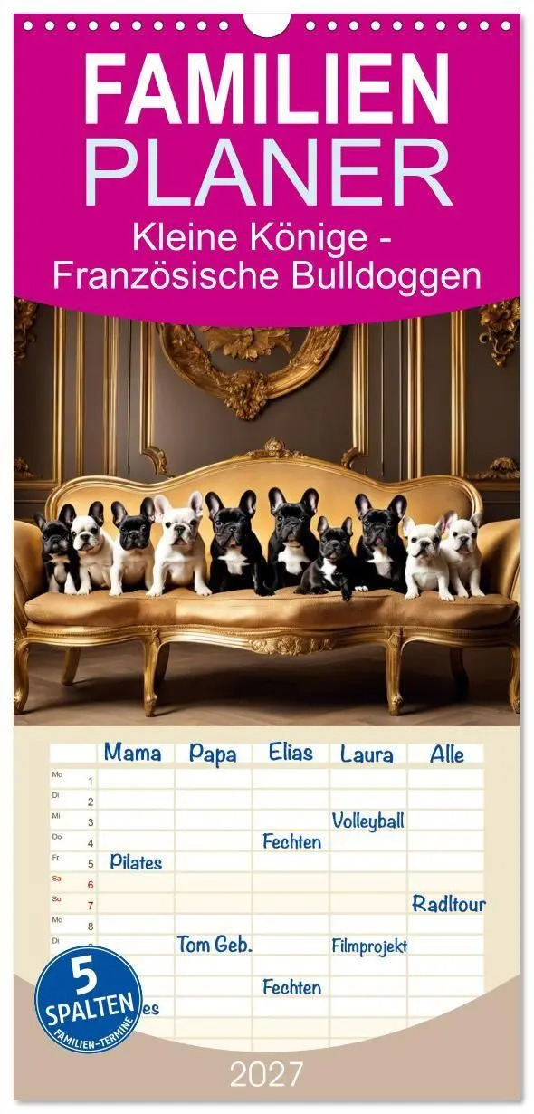 Cover: 9783594314999 | Familienplaner 2027 - Kleine Könige - Französische Bulldoggen mit 5...