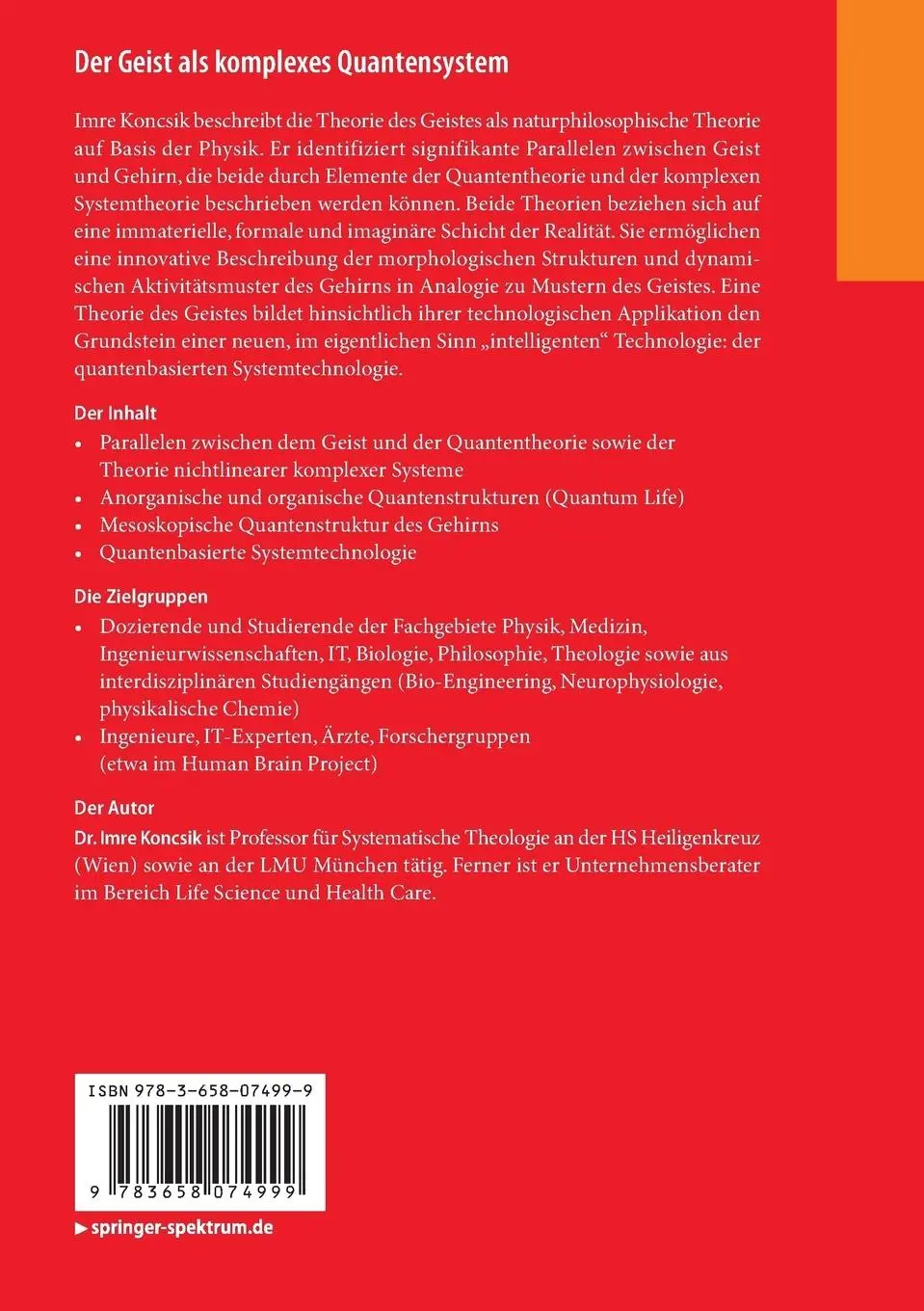 Rückseite: 9783658074999 | Der Geist als komplexes Quantensystem | Imre Koncsik | Taschenbuch