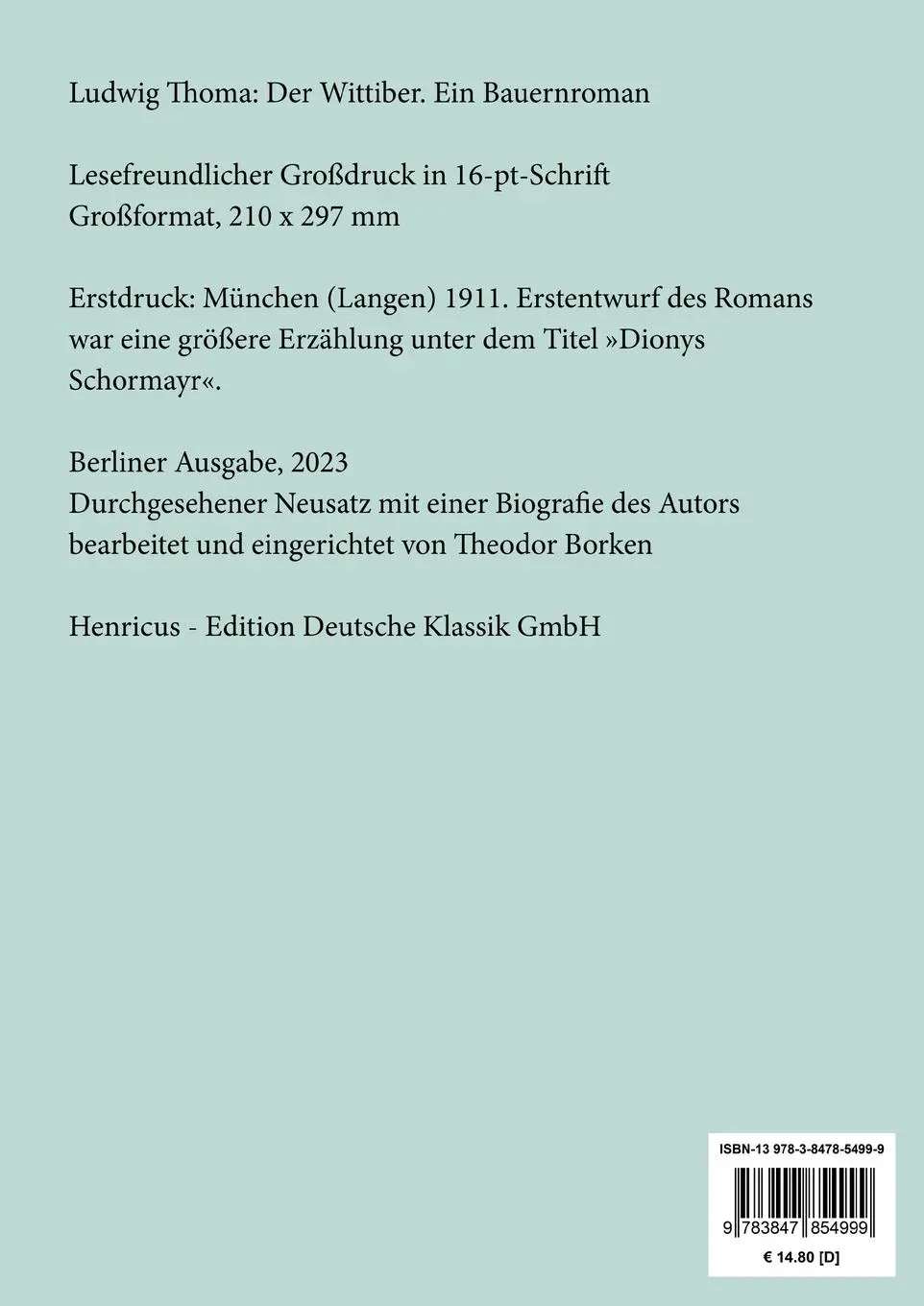 Rückseite: 9783847854999 | Der Wittiber (Großdruck) | Ein Bauernroman | Ludwig Thoma | Buch