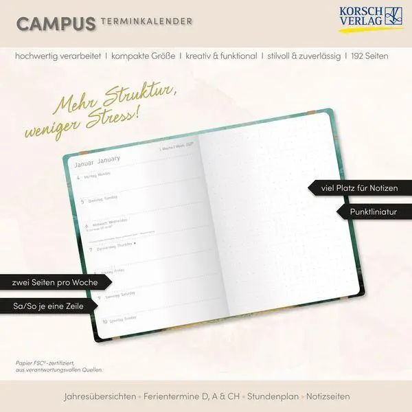 Bild: 9783819305399 | Terminkalender Campus Smaragd 18 Monate 2027/2028 | Korsch Verlag