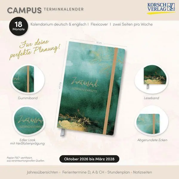 Bild: 9783819305399 | Terminkalender Campus Smaragd 18 Monate 2027/2028 | Korsch Verlag