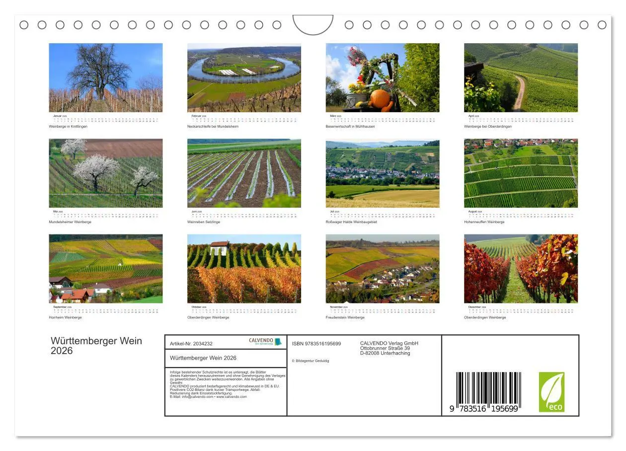 Bild: 9783516195699 | Württemberger Wein 2026 (Wandkalender 2026 DIN A4 quer), CALVENDO...