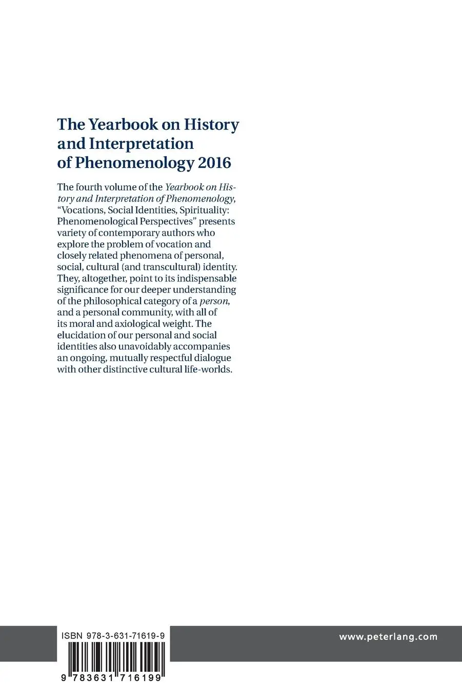 Rückseite: 9783631716199 | The Yearbook on History and Interpretation of Phenomenology 2016
