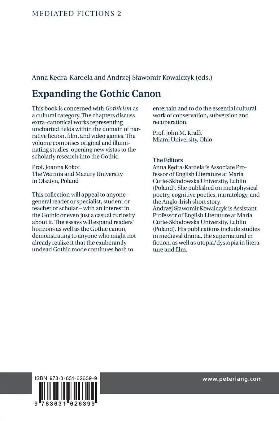 Rückseite: 9783631626399 | Expanding the Gothic Canon | Studies in Literature, Film and New Media