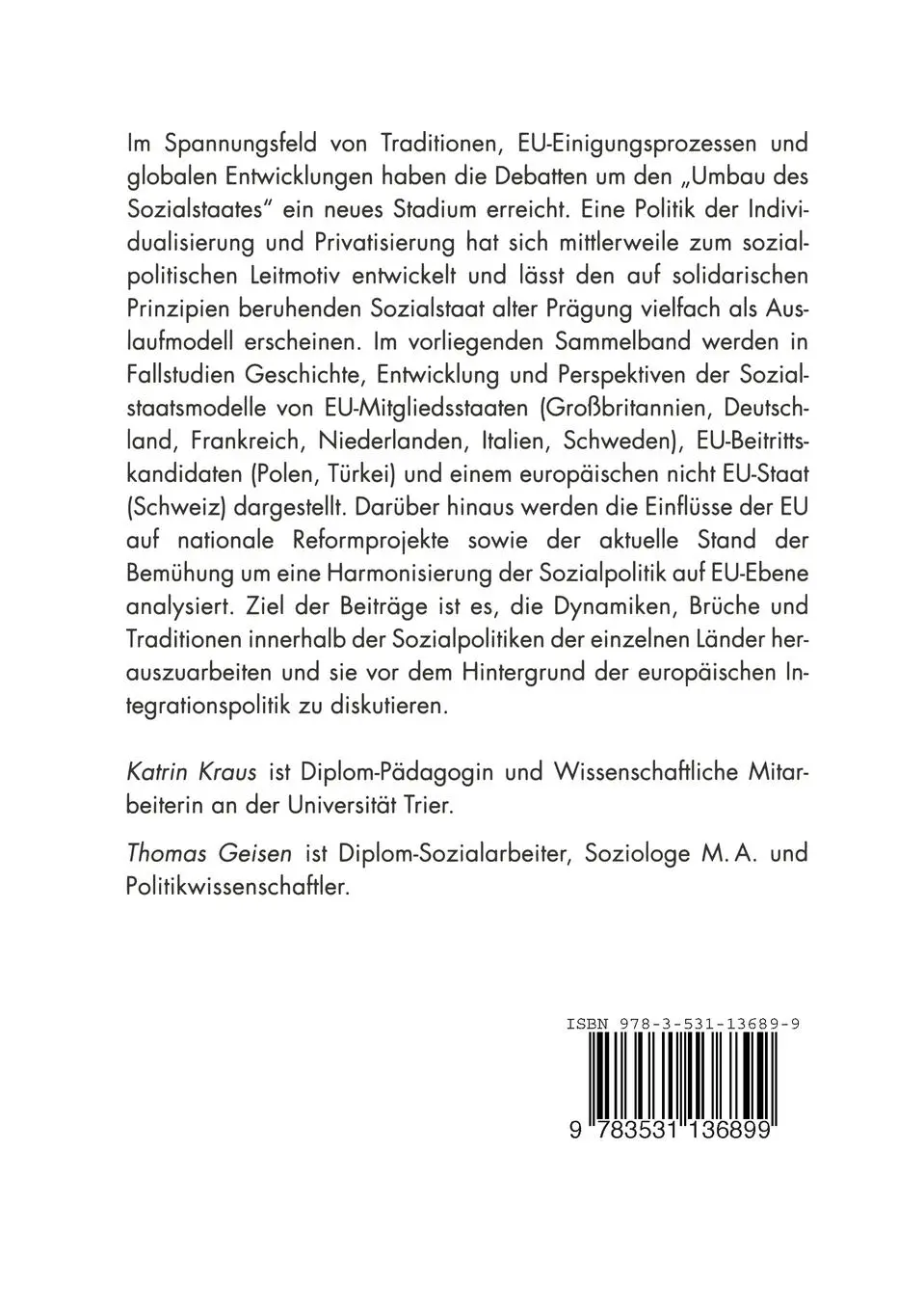 Rückseite: 9783531136899 | Sozialstaat in Europa | Geschichte · Entwicklung Perspektiven | Buch