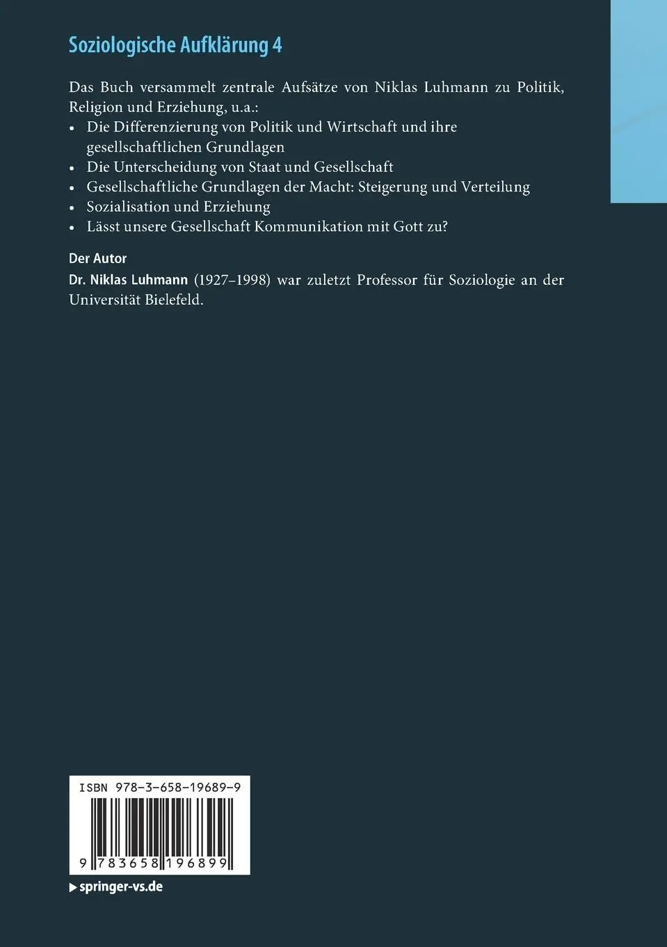 Rückseite: 9783658196899 | Soziologische Aufklärung 4 | Niklas Luhmann | Taschenbuch | x | 2017