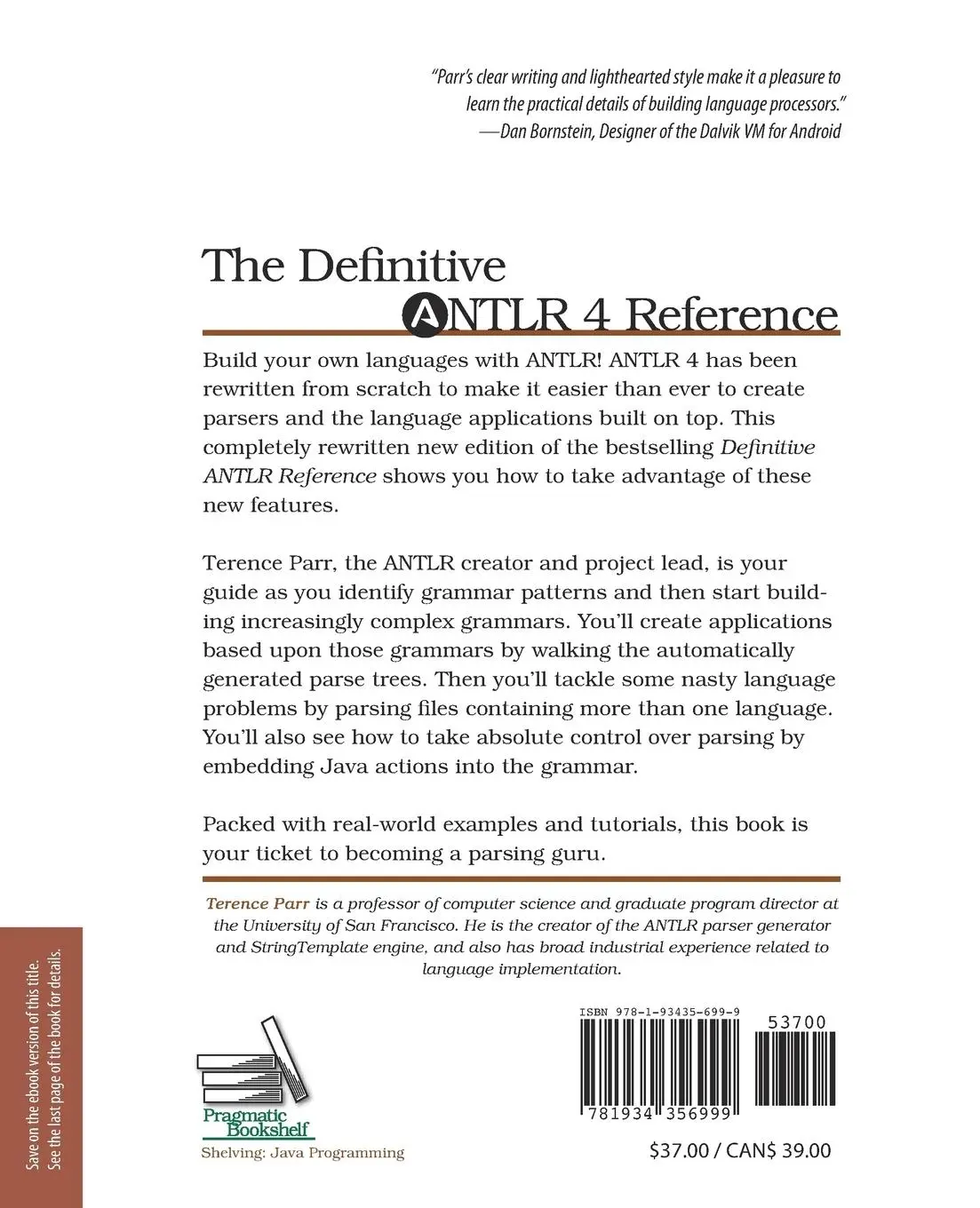 Rückseite: 9781934356999 | The Definitive Antlr 4 Reference | Terence Parr | Taschenbuch | 305 S.