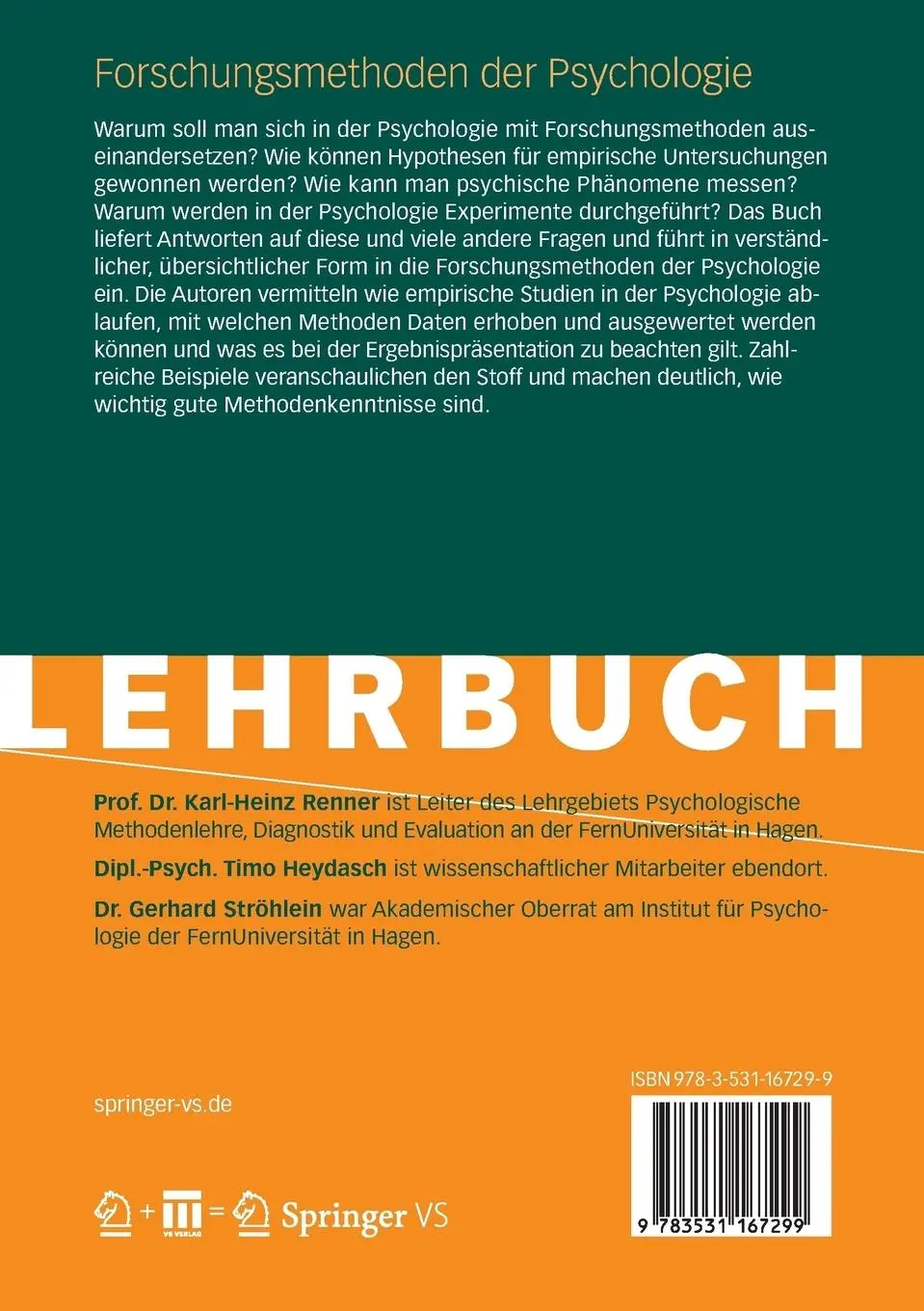 Rückseite: 9783531167299 | Forschungsmethoden der Psychologie | Karl-Heinz Renner (u. a.) | Buch