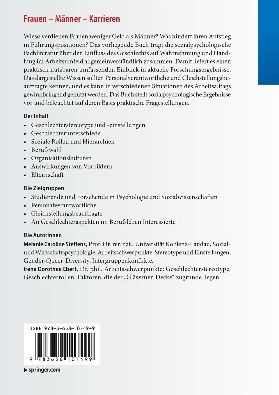 Rückseite: 9783658107499 | Frauen - Männer - Karrieren | Irena D. Ebert (u. a.) | Taschenbuch