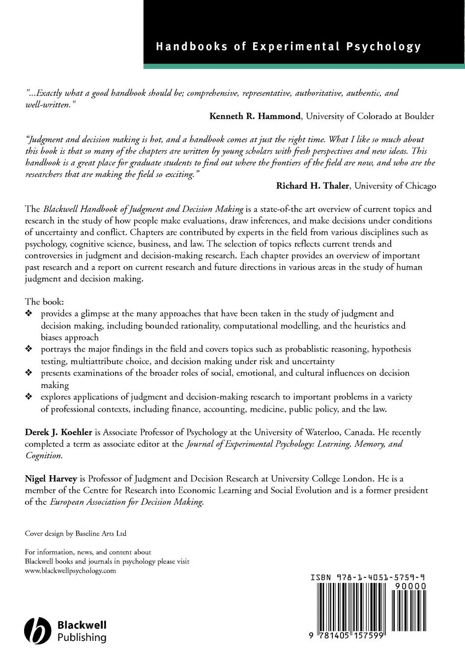 Rückseite: 9781405157599 | Blackwell Handbook of Judgment and Decision Making | Koehler (u. a.)