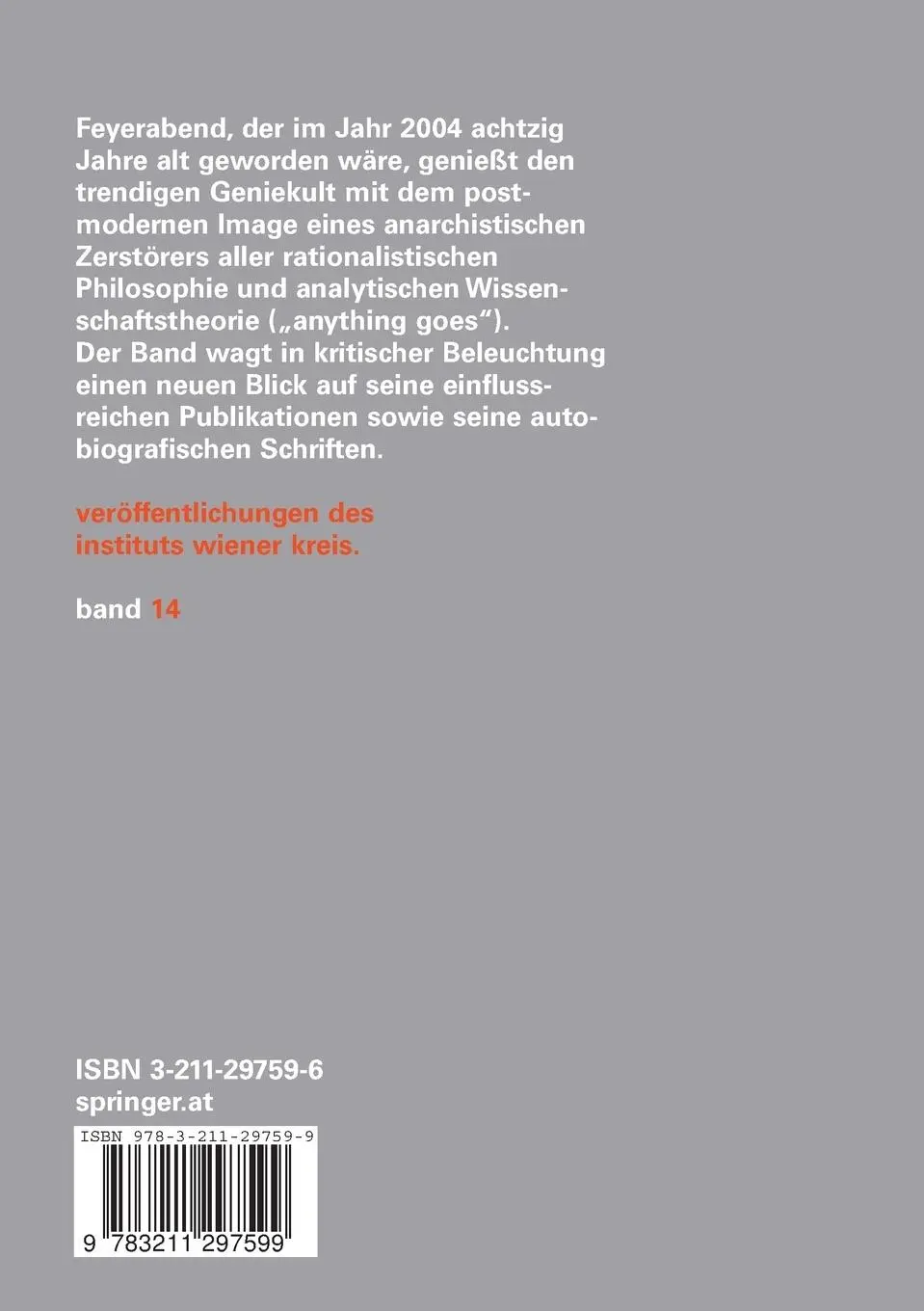Rückseite: 9783211297599 | Paul Feyerabend | Ein Philosoph aus Wien | Kurt R. Fischer (u. a.)