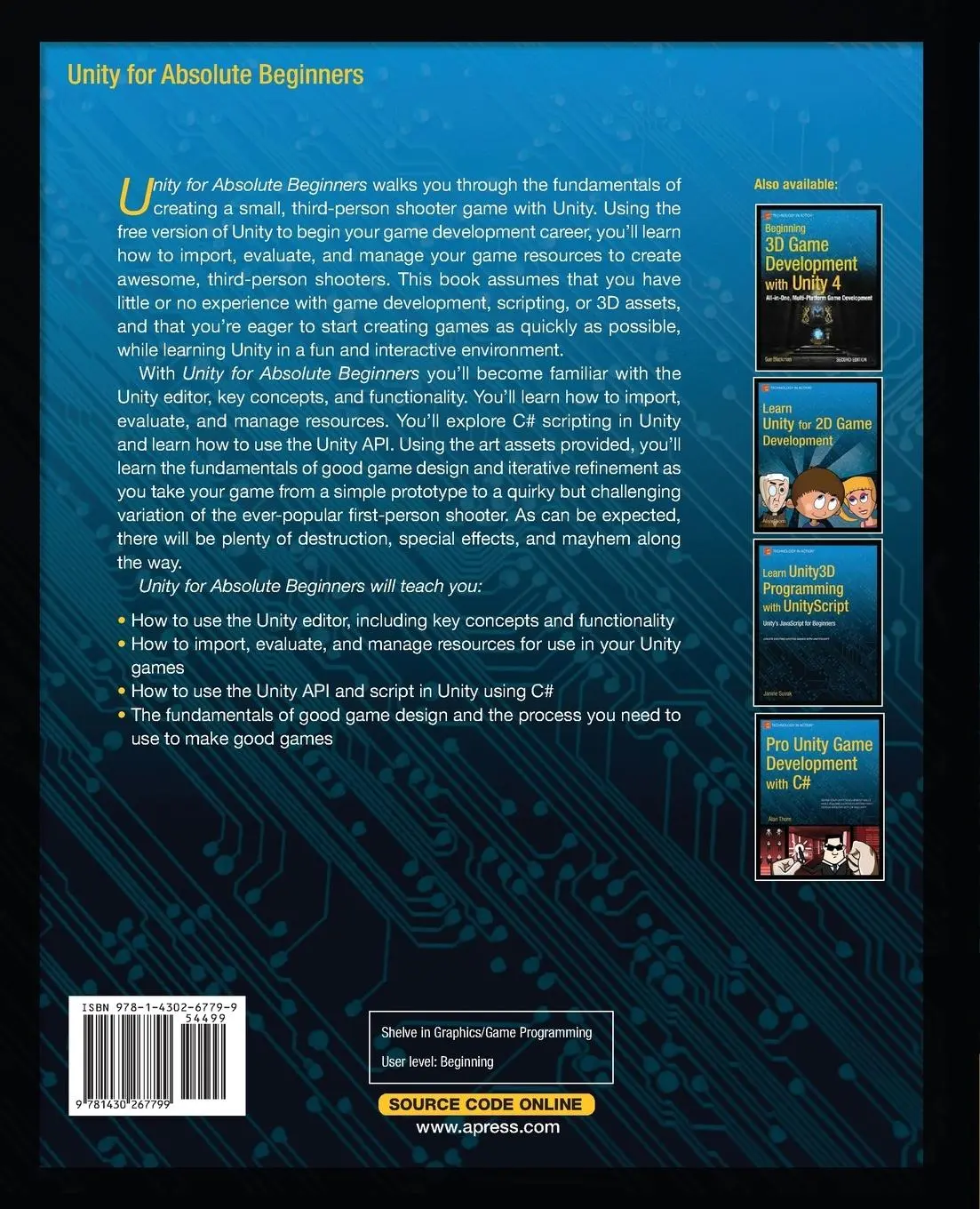 Rückseite: 9781430267799 | Unity for Absolute Beginners | Sue Blackman (u. a.) | Taschenbuch