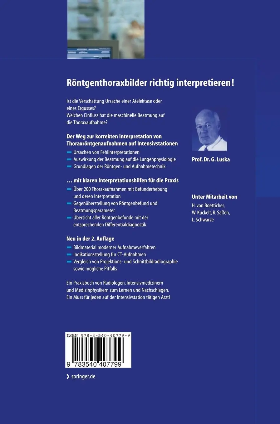 Rückseite: 9783540407799 | Röntgenthorax auf Intensivstationen | Günter Luska | Buch | xi | 2004