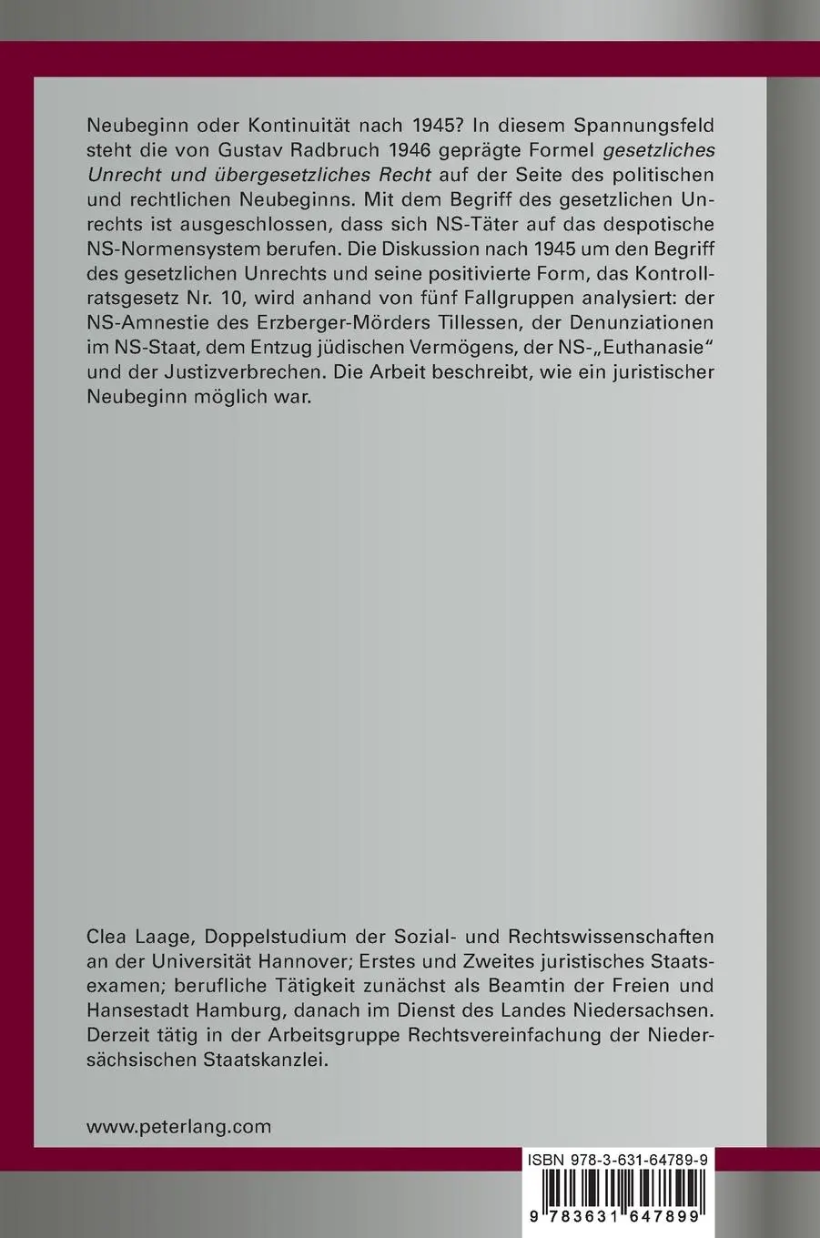 Rückseite: 9783631647899 | Gesetzliches Unrecht: Die Bedeutung des Begriffs für die...