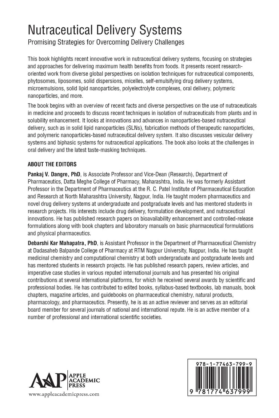 Rückseite: 9781774637999 | Nutraceutical Delivery Systems | Pankaj V. Dangre (u. a.) | Buch