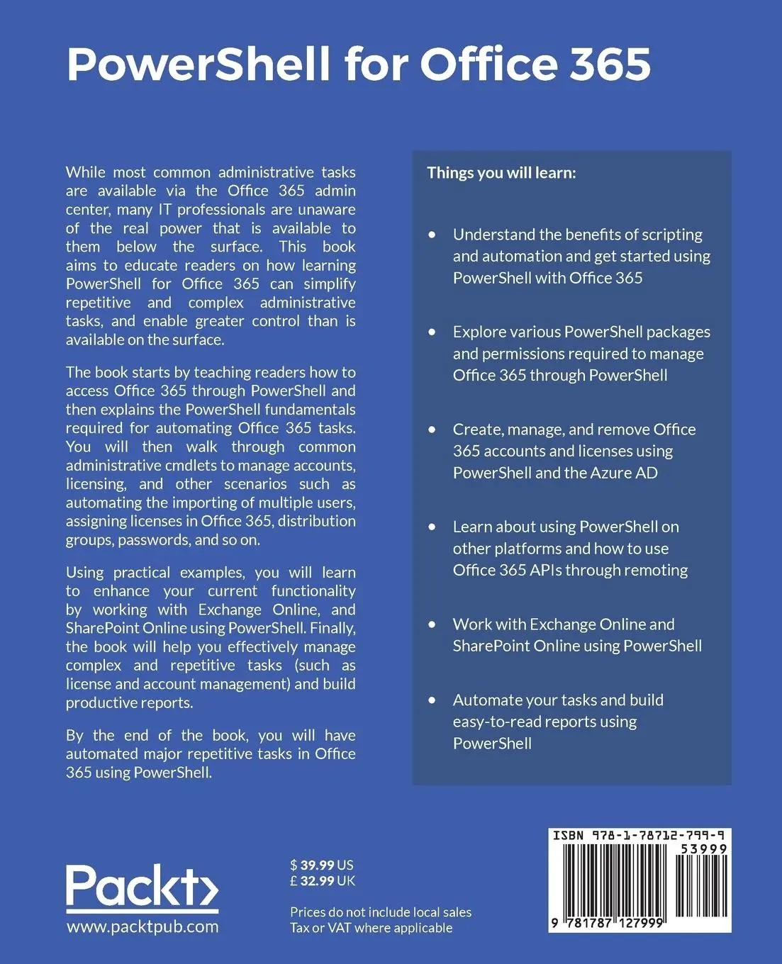 Rückseite: 9781787127999 | PowerShell for Office 365 | Automate Office 365 administrative tasks