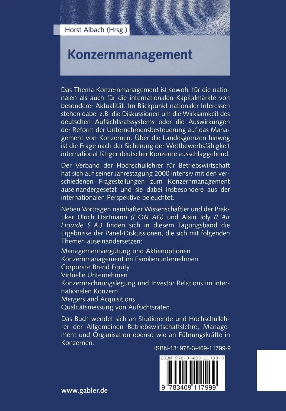 Rückseite: 9783409117999 | Konzernmanagement | Corporate Governance und Kapitalmarkt | Albach