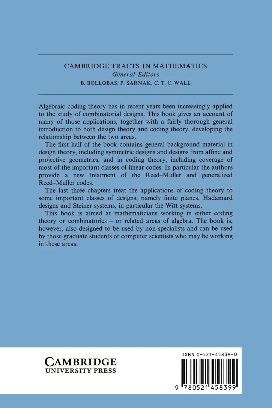Rückseite: 9780521458399 | Designs and Their Codes | E. F. Assmus (u. a.) | Taschenbuch | 2004