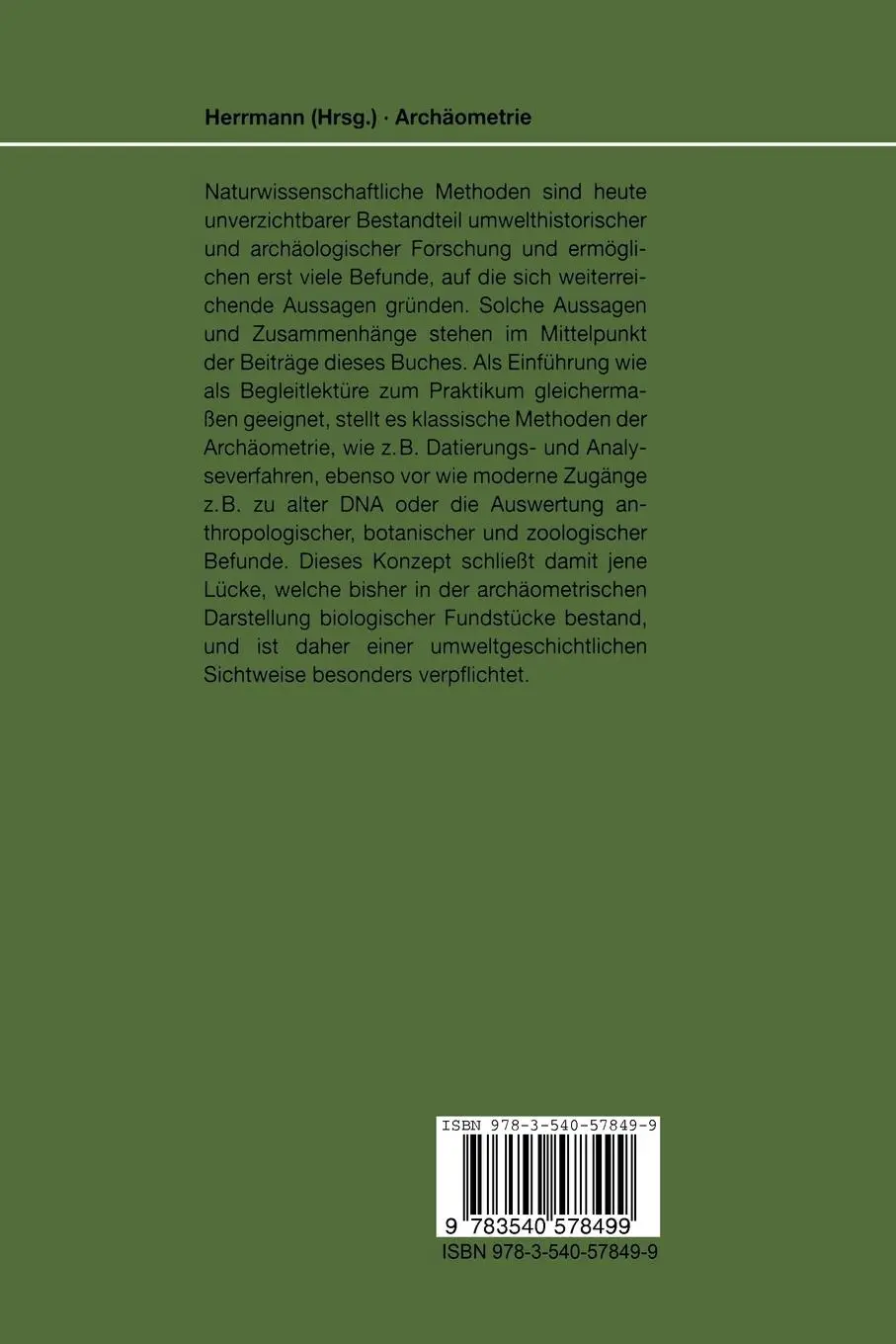 Rückseite: 9783540578499 | Archäometrie | Naturwissenschaftliche Analyse von Sachüberresten