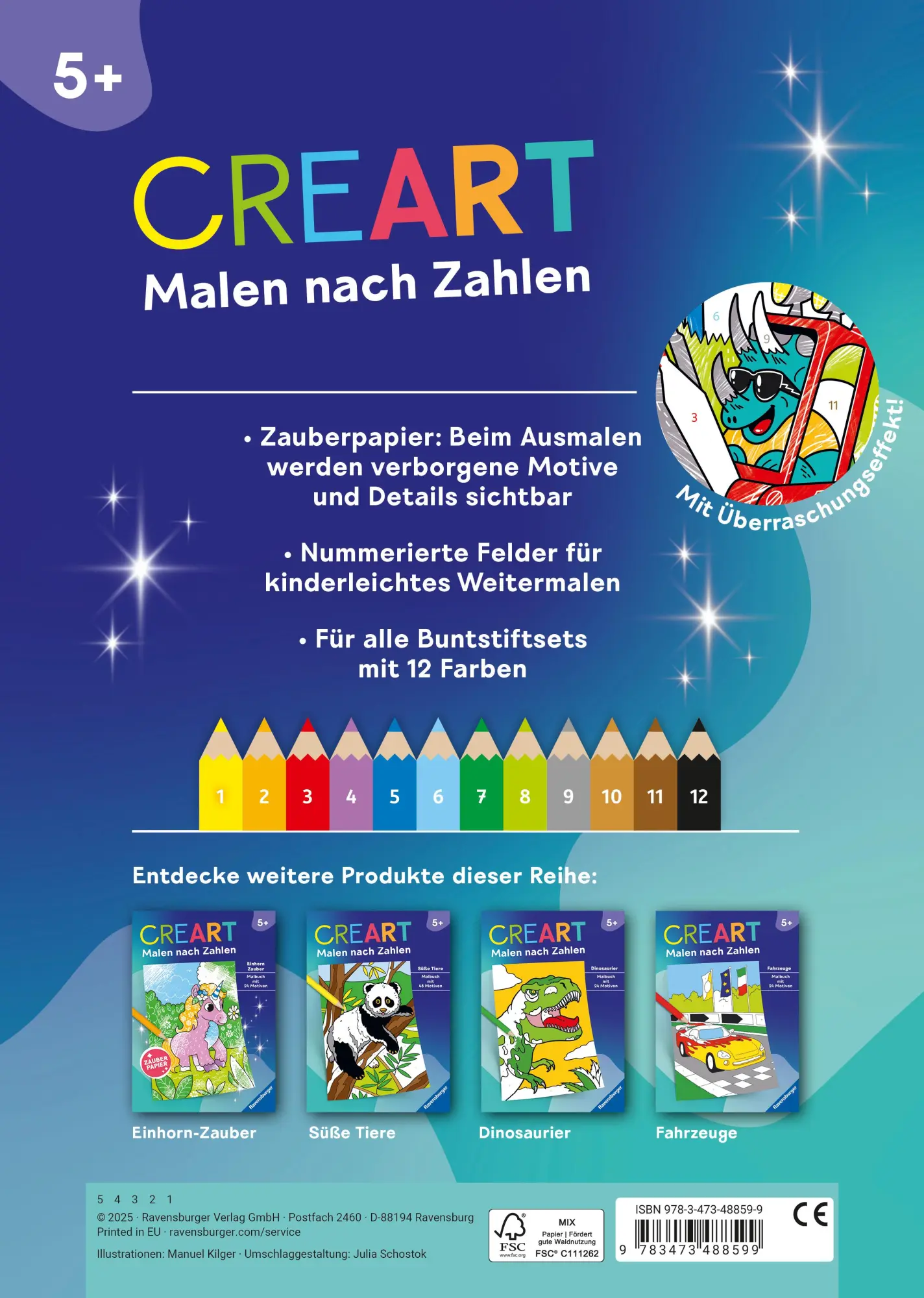 Rückseite: 9783473488599 | CreArt Malen nach Zahlen ab 5 - Zauberpapier: Dinos auf der Baustelle