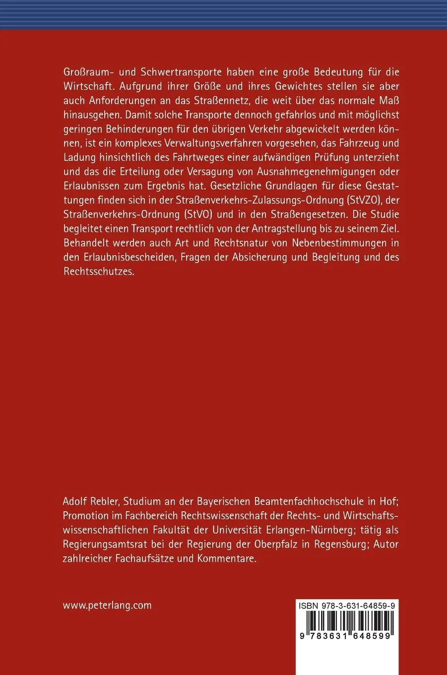 Rückseite: 9783631648599 | Die Genehmigung der Durchführung von Großraum- und Schwertransporten