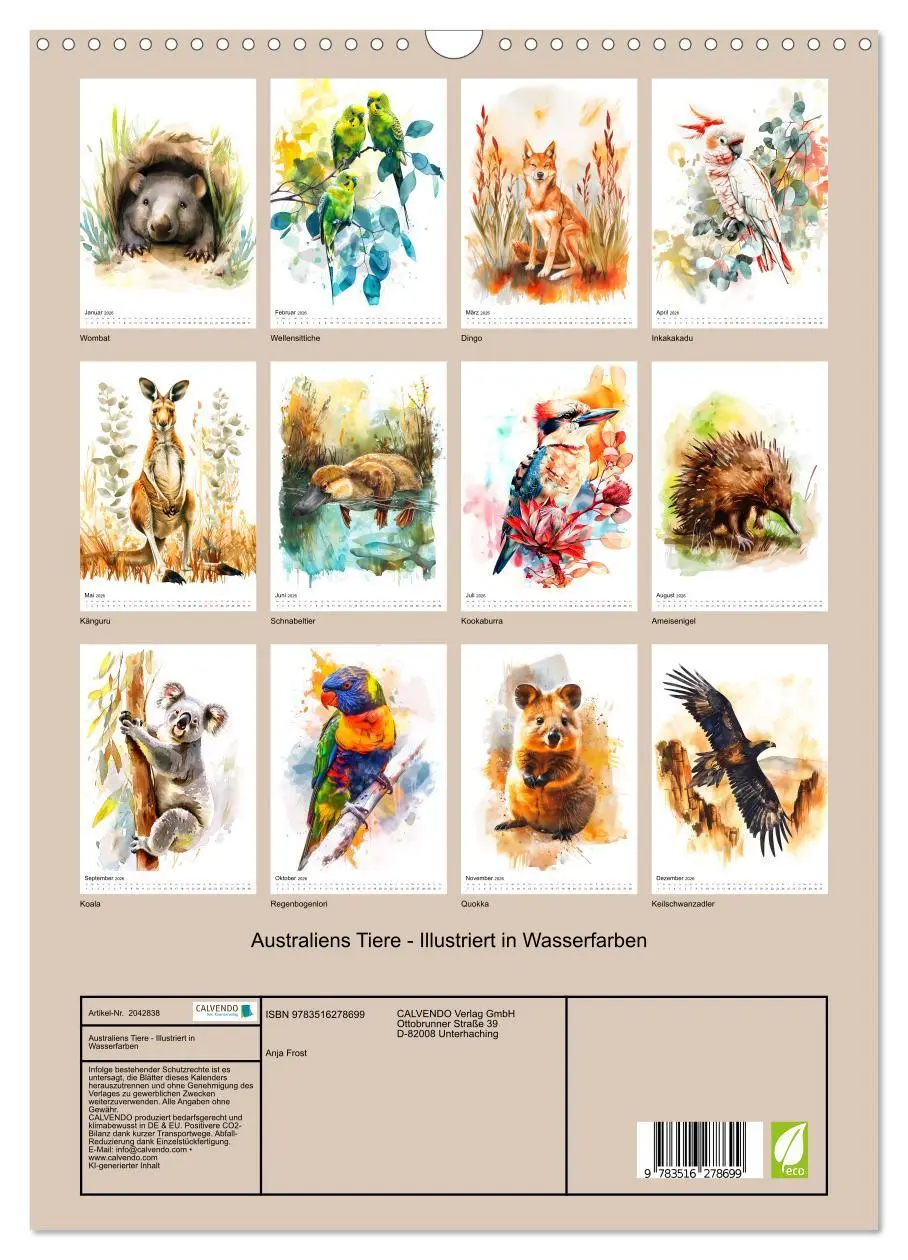 Bild: 9783516278699 | Australiens Tiere - Illustriert in Wasserfarben (Wandkalender 2026...