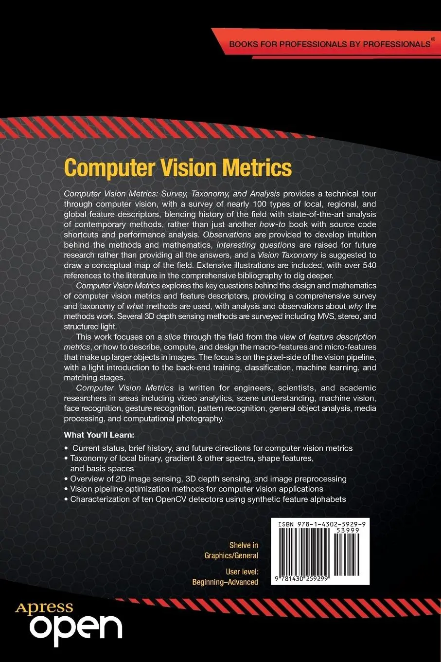 Rückseite: 9781430259299 | Computer Vision Metrics | Survey, Taxonomy, and Analysis | Scott Krig