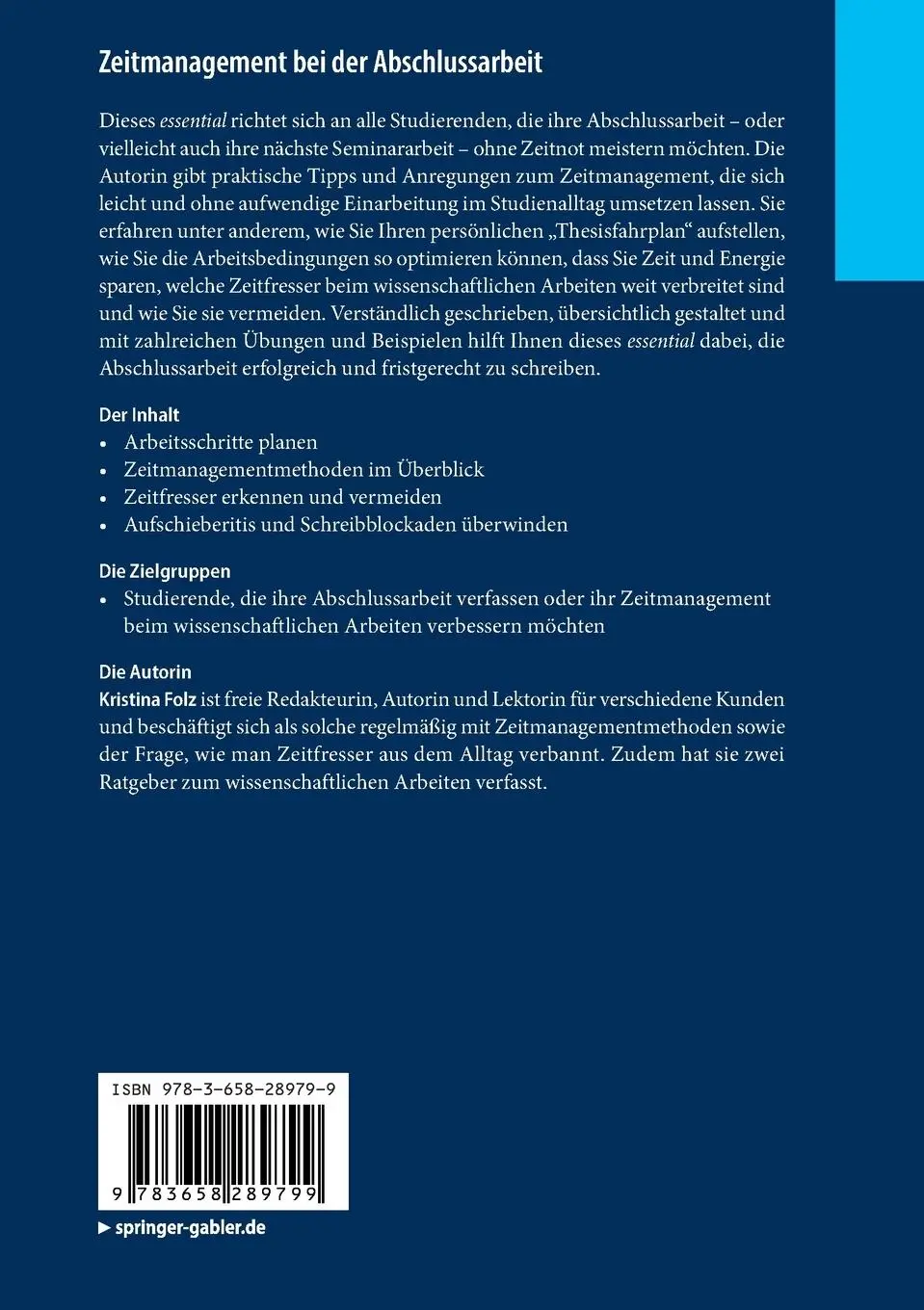 Rückseite: 9783658289799 | Zeitmanagement bei der Abschlussarbeit | Kristina Folz | Taschenbuch