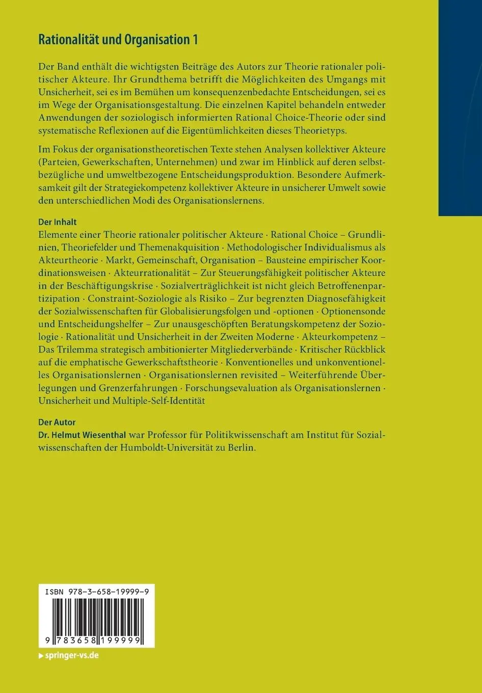 Rückseite: 9783658199999 | Rationalität und Organisation 1 | Akteur- und Organisationstheorie